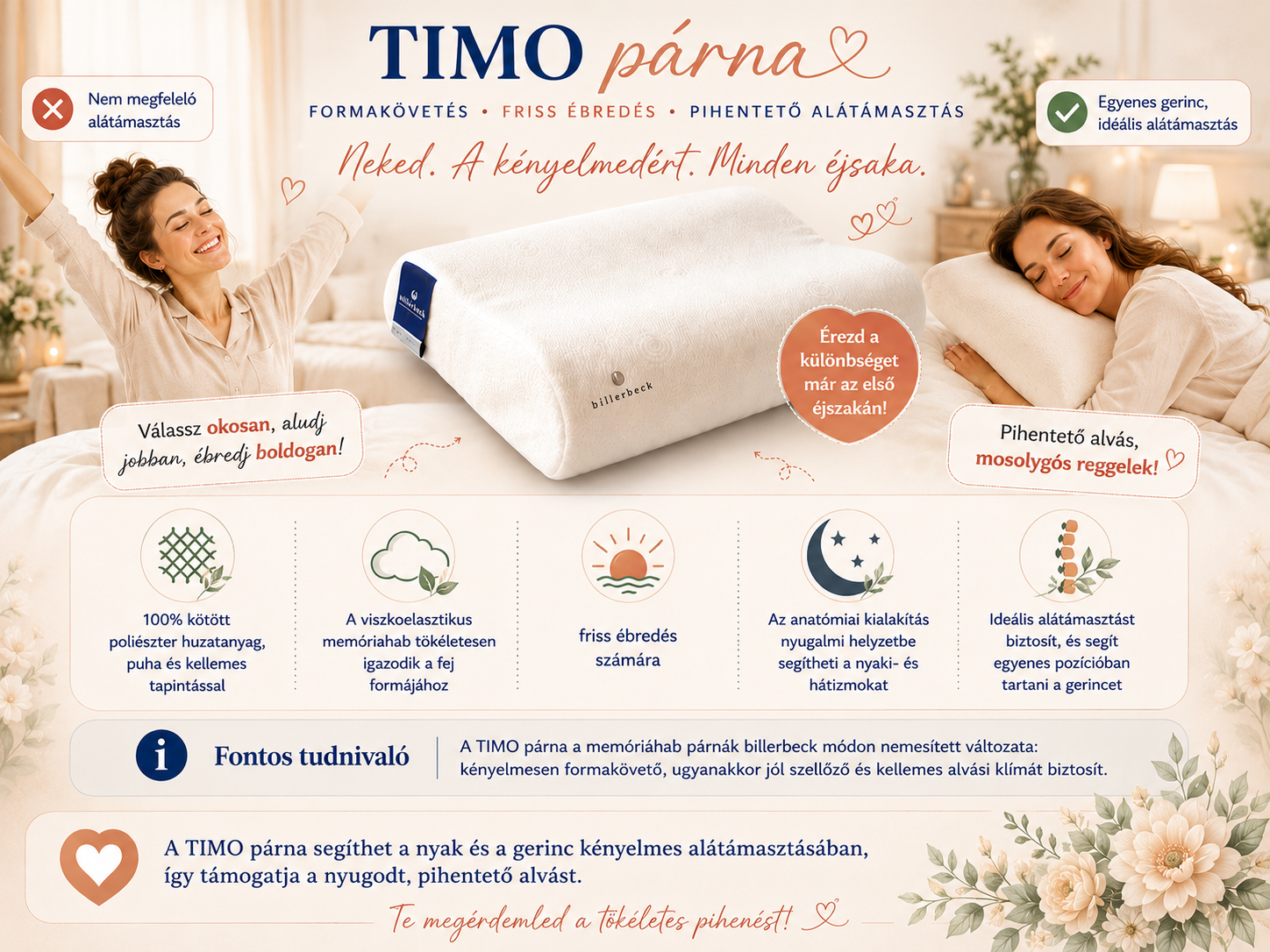 Billerbeck TIMO memóriahab anatómiai párna – ergonomikus, nyaki tartást támogató, fehér